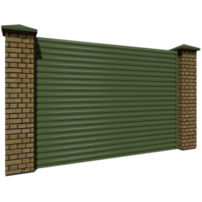 Секция забора жалюзи из ламелей еврожалюзи RAL6002 Зеленый Лист с кирпичными столбами